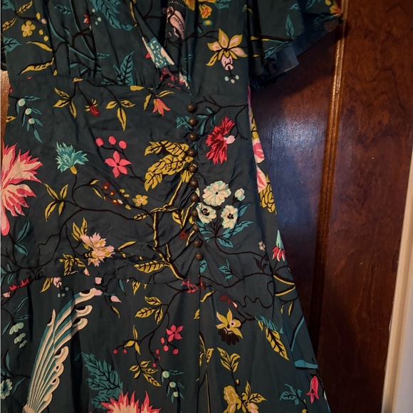 Maeve Anthropologie Teal Silky Buttonfront Shirt Dress Green Multi Floral - Picture 11 of 14